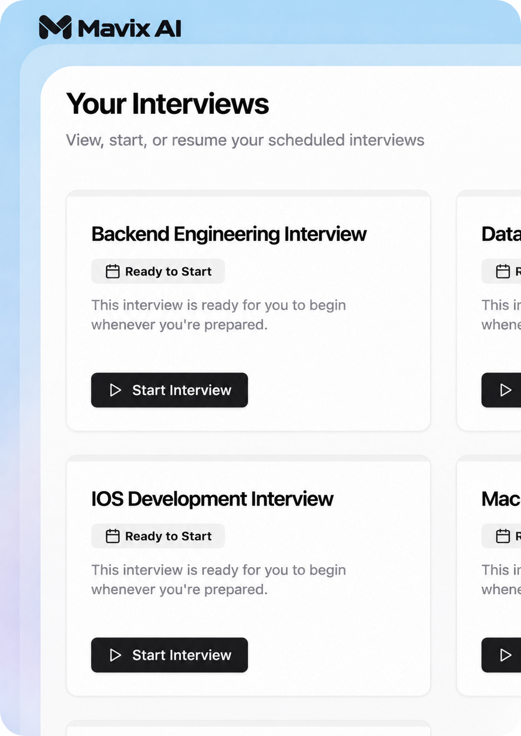 Mavix AI interview dashboard